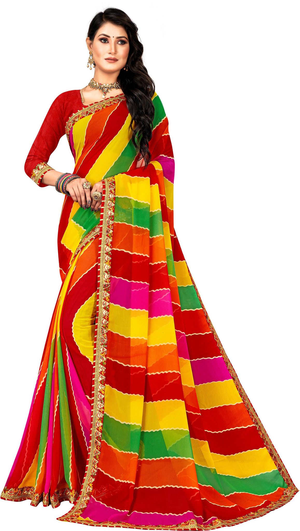 ANSH Womens Georgette Leheriya Saree length (5.5m) & Blouse Piece Size (0.8m) (Multicolor)