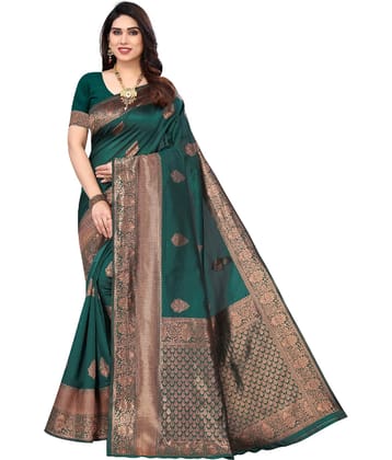 Aadvika Banarasi Silk Printed Saree With Unstitched Blouse Piece ( Green )