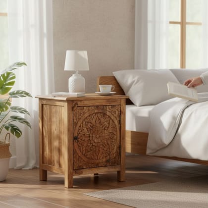 Wooden Carved Bedside Cabinet Side Storage With Mango Wood