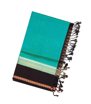 Cyan Handloom Korvai Silk Cotton Saree With Checks & Black Border-Cyan