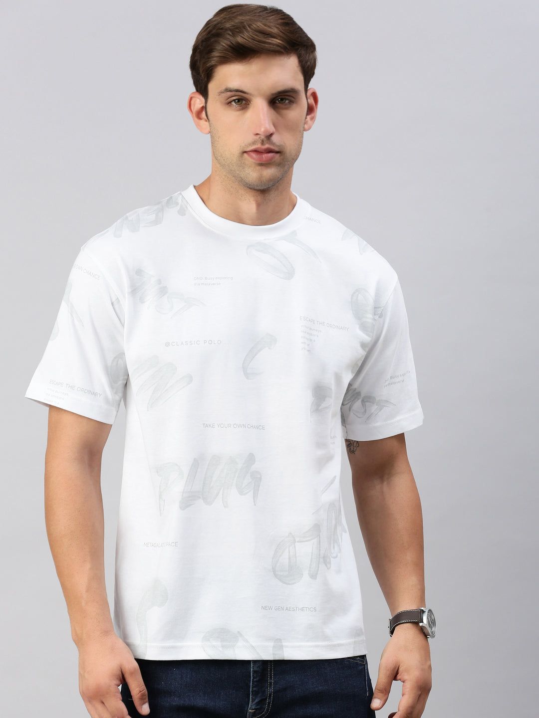 Classic Polo Men's Half Sleeve White/Grey Crew Neck Slim Fit Printed Oversized T-Shirt | GENX-CREW 57 A SF C