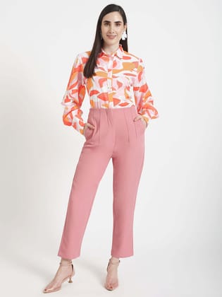 Premium Micro Digital Print Puff Sleeve Shirt With Blush Pink Pleated Fit Trouser-M / 28