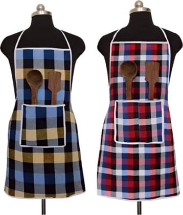 Sanraksshan Cotton Checks Kitchen Apron with 1 Center Pocket ( Pack of 2 )