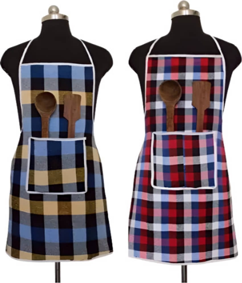 Sanraksshan Cotton Checks Kitchen Apron with 1 Center Pocket ( Pack of 2 )