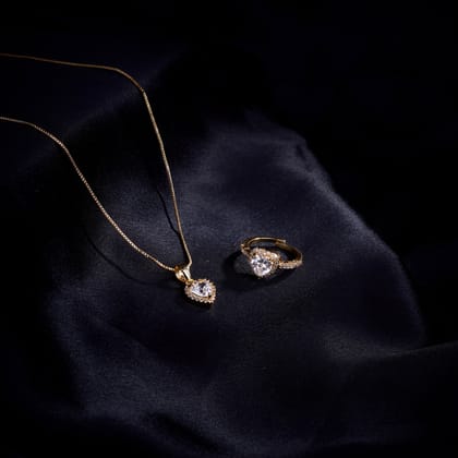 Golden Harmony Locket and Ring Combo-White / Gold Plated / 18"