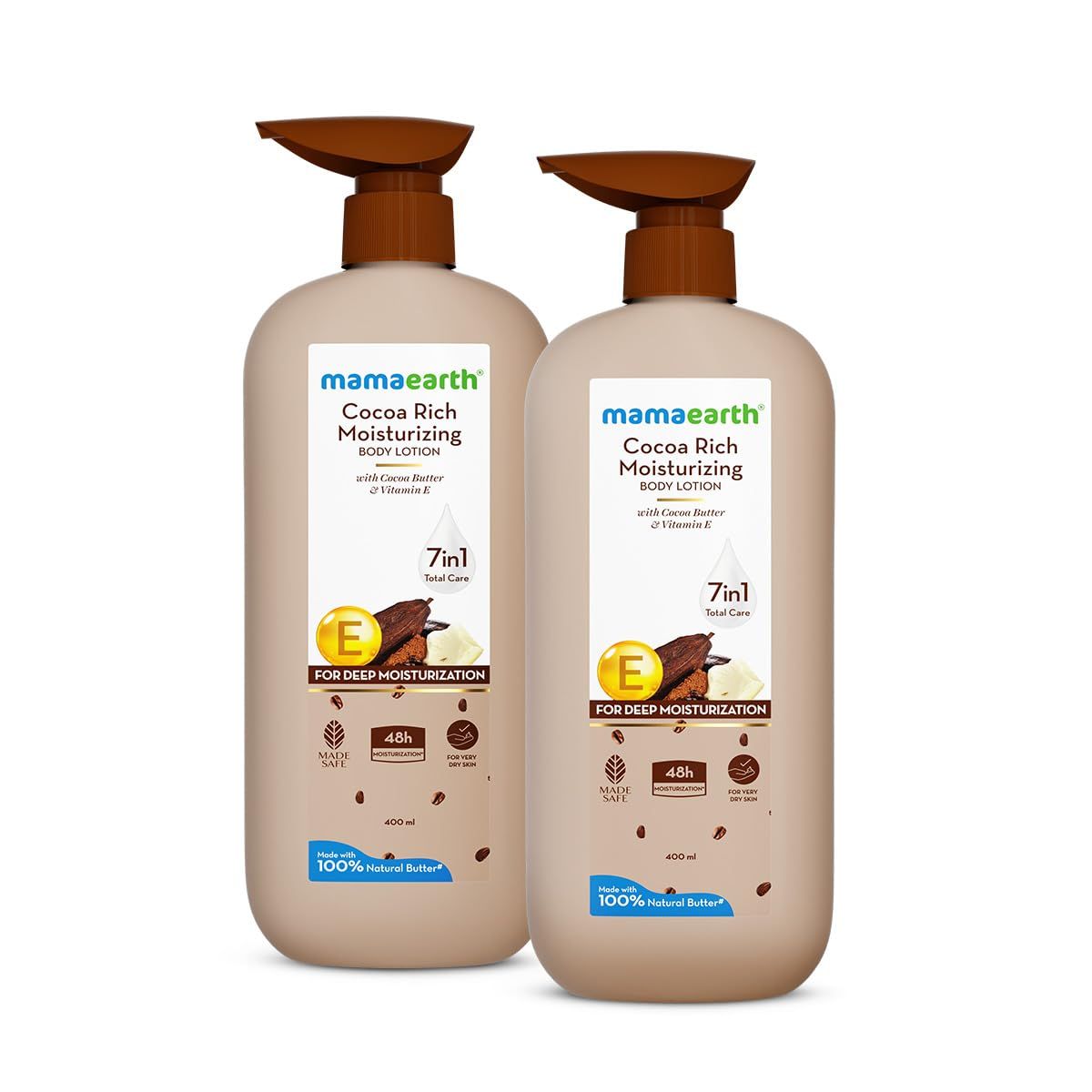 Mamaearth Cocoa Rich Moisturizing Body Lotion with Cocoa Butter & VitaminE for Deep 48H Moisturization | For Very Dry Skin | 7 in 1 Total Care Benefits | 100% Natural Butter | Non-Greasy Smooth Skin | 400 ml (Pack of 2) Mamaearth Cocoa Rich Moisturizing