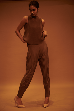 IRREGULAR PLEAT DRUM PANT-XS / Coffee Brown