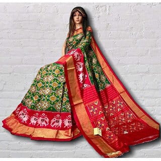 Green And Red Colour  Printed Ikkat Printed Saree