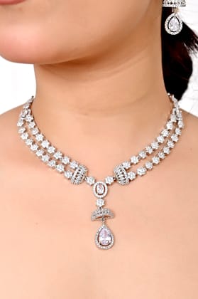Elegant American Diamond White Crystal Necklace Set with Drop Pendant-15cm / White / Premium CZ crystals with sophisticated drop pendant design, doublet setting (2-layer) for enhanced sparkle and
