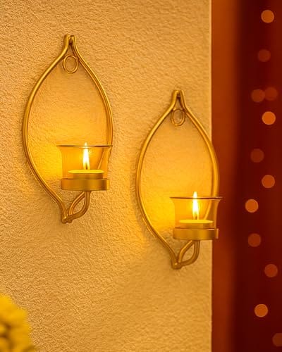 Set of 2 with Glass Hurricane & Free Tealight Candles | Iron Wall Mounted Candle Holders for Living Room, Bedroom,