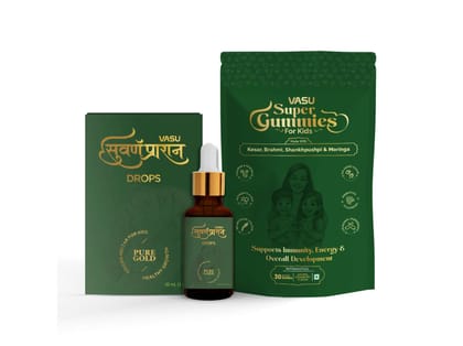 VASU Immunity Booster Pack for Kids - Swarnaprashan Drops (30ml) & Super Gummies (30 Gummies) Supports Immunity, Growth & Digestive Health VASU Immunity Booster Pack for Kids - Swarnaprashan Drops (30ml) & Super Gummies (30 Gummies) Supports Immunity, Growth & Digestive Health