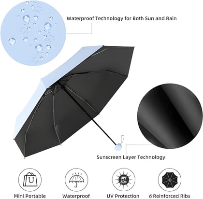 UV Protection Mini Folding Umbrella with Waterproof Case | 2 Fold Compact Travel Umbrella | Windproof 6-Rib Strong Frame | Lightweight Manual Open (Multicoloured)