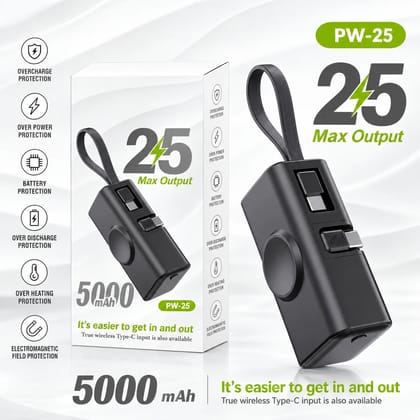 Portable 5000mAh Power Bank for Mobile Phones, Compact Pocket Charger with Type-C Connector, Carrying Strap With  6-Month Warranty