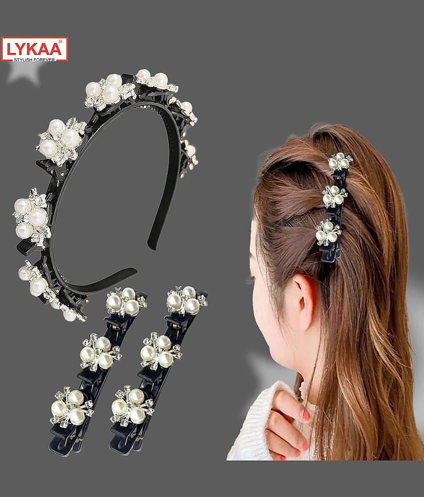 Lykaa Hairpin Headband With Pearl Hair Clips Elegant Flower Alligator Clips Double Layer - Pack of 3