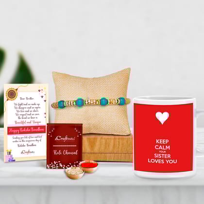 Designer Pearl Rakhi with Mug for Brother and Roli Chawal Pack, Best Wishes Greeting Card