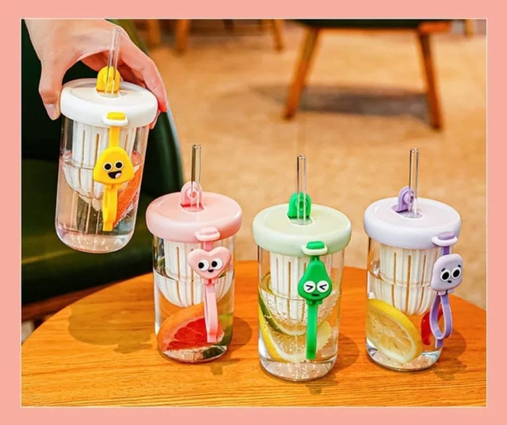 Straw glass Bottle with Handle Filter Design 400ml