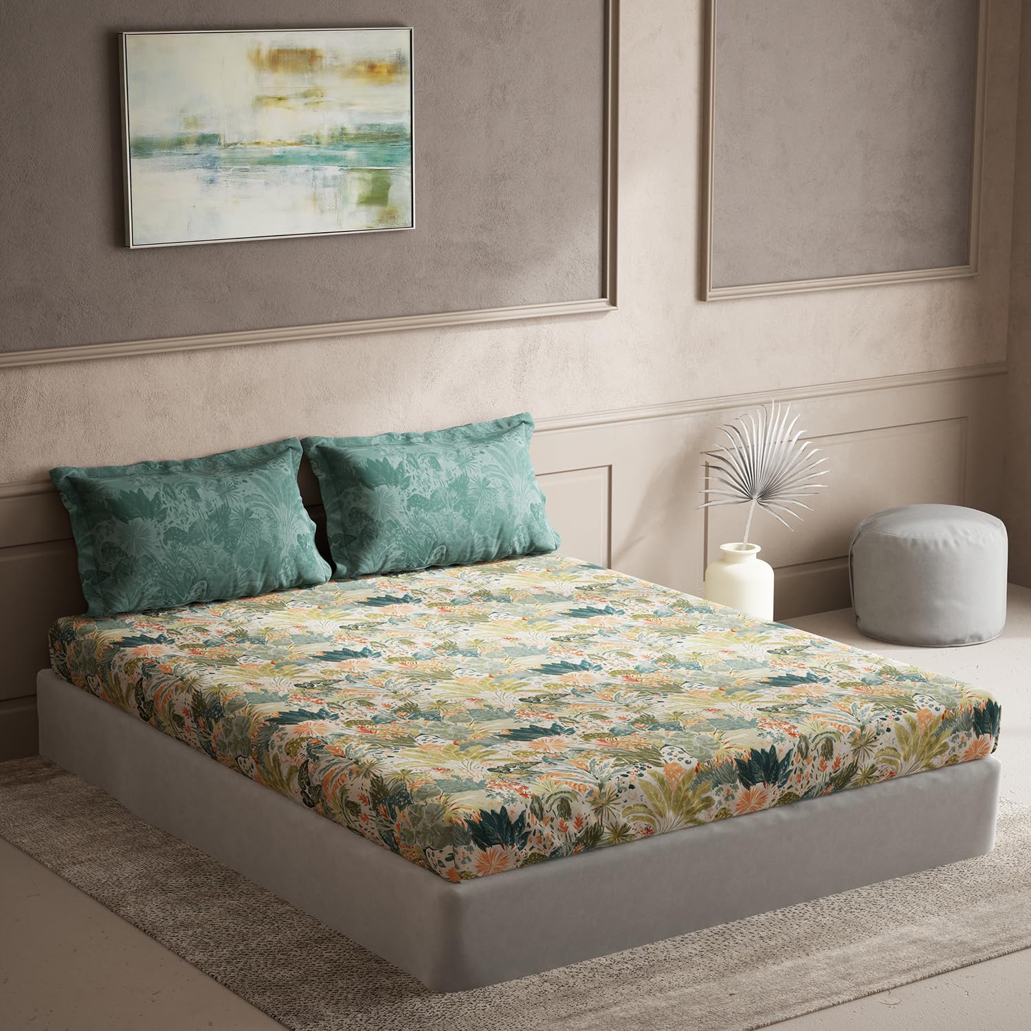 DDECOR - Elemental Collection 100% Cotton Leaves Pattern 144TC King Bedsheet |254 CM X 274 CM| Green