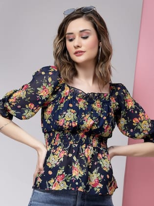 KASSUALLY Blue Floral Cinched Waist Smocked Top
