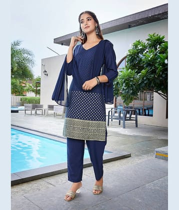 Royal Export Crepe Printed Kurti With Pants Women's Stitched Salwar Suit - Navy Blue ( Pack of 1 )