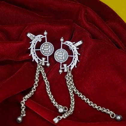 Oxidised Silver Coin Dangle Earrings with Chain Fringes