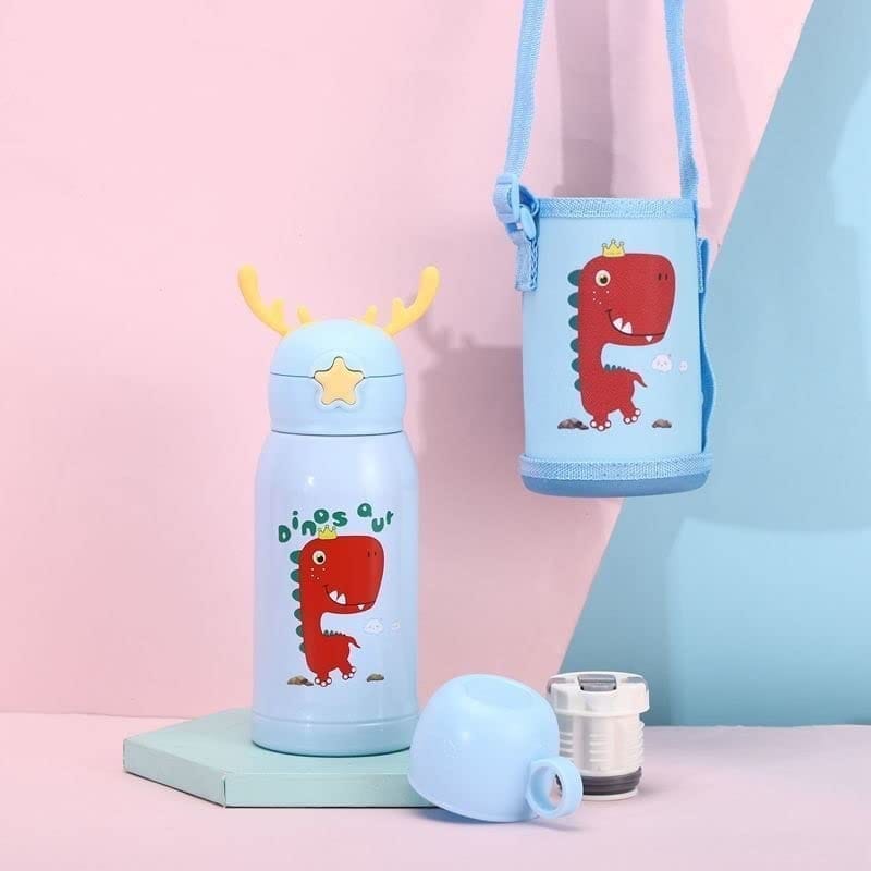 Cartoon Printed Sipper Water Bottle with Straw & Cover for Children - Stainless Steel Flask 500 ML (Blue)