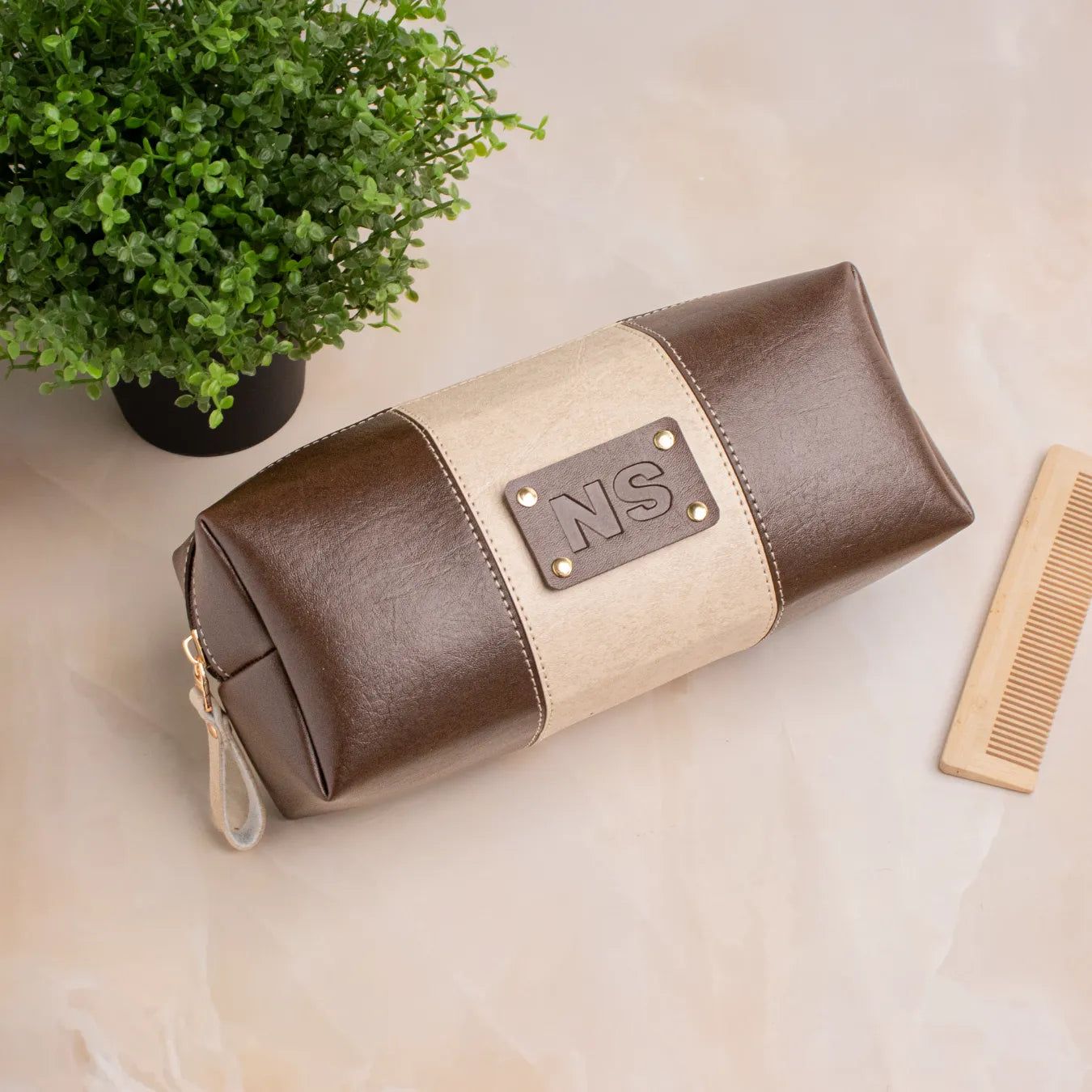 PERSONALISED STRIPE TRAVEL POUCH - INITIALS - BROWN