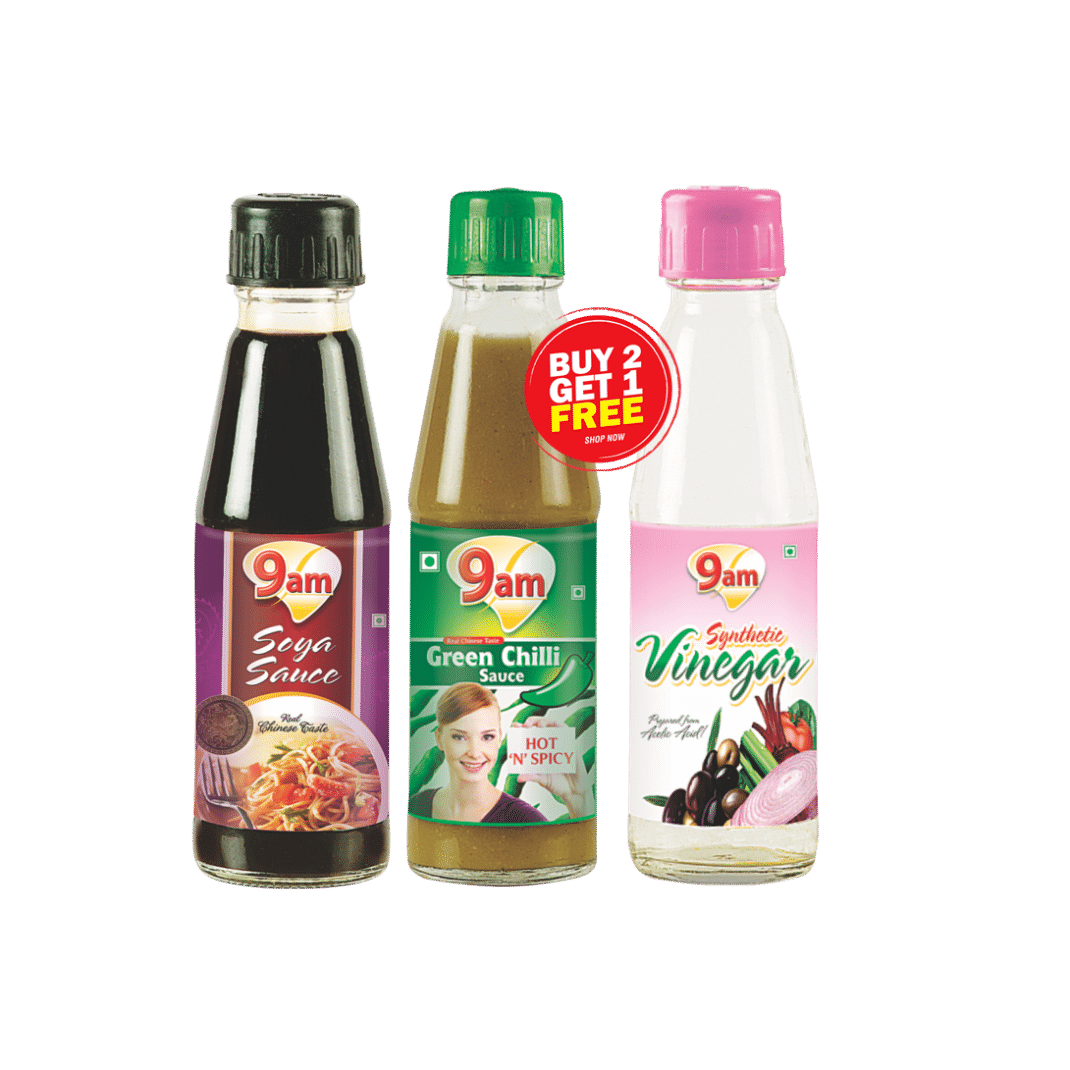 9am Soya Sauce, Green Chilli Sauce & Vinegar - Combo Pack, 600 gm
