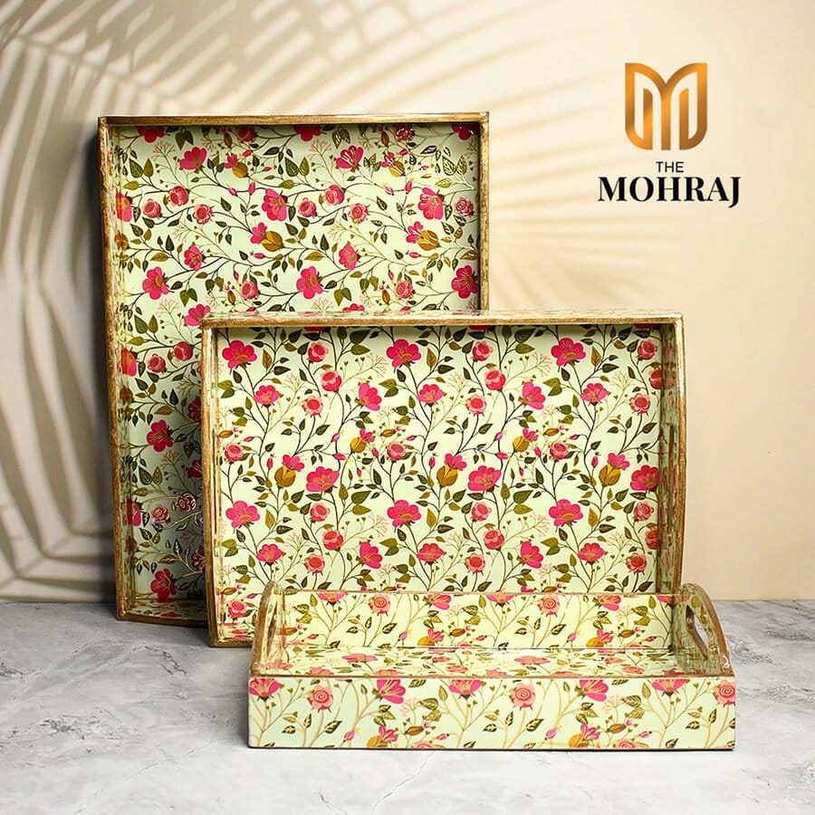 The Mohraj Blossom MDF Trays with Curved Handles and Gold Foil Finish Set of 3