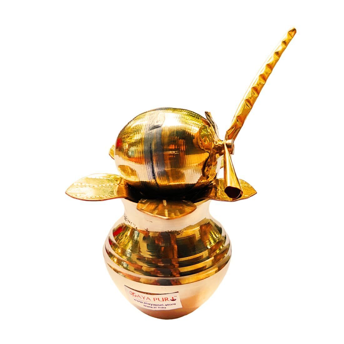MAYAPURI Pure Brass Kalash with Coconut and Mango Leaf for Daily Pooja, Original Pital Kalash, Daab and Aam Patta Leave, Size; Small (Combo Pack)