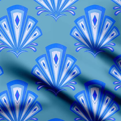 Art Deco damask teal and blue Print Fabric-Cotton