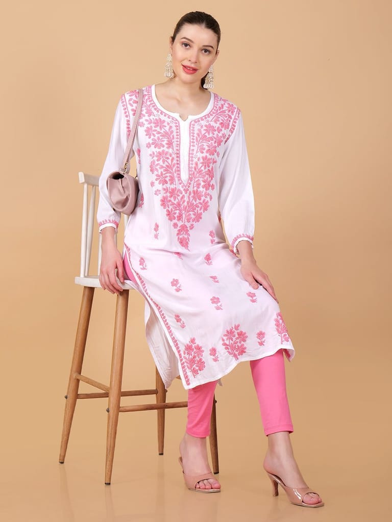 Handmade Lucknow Chikankari Off-White Kurta with Pink Thread work