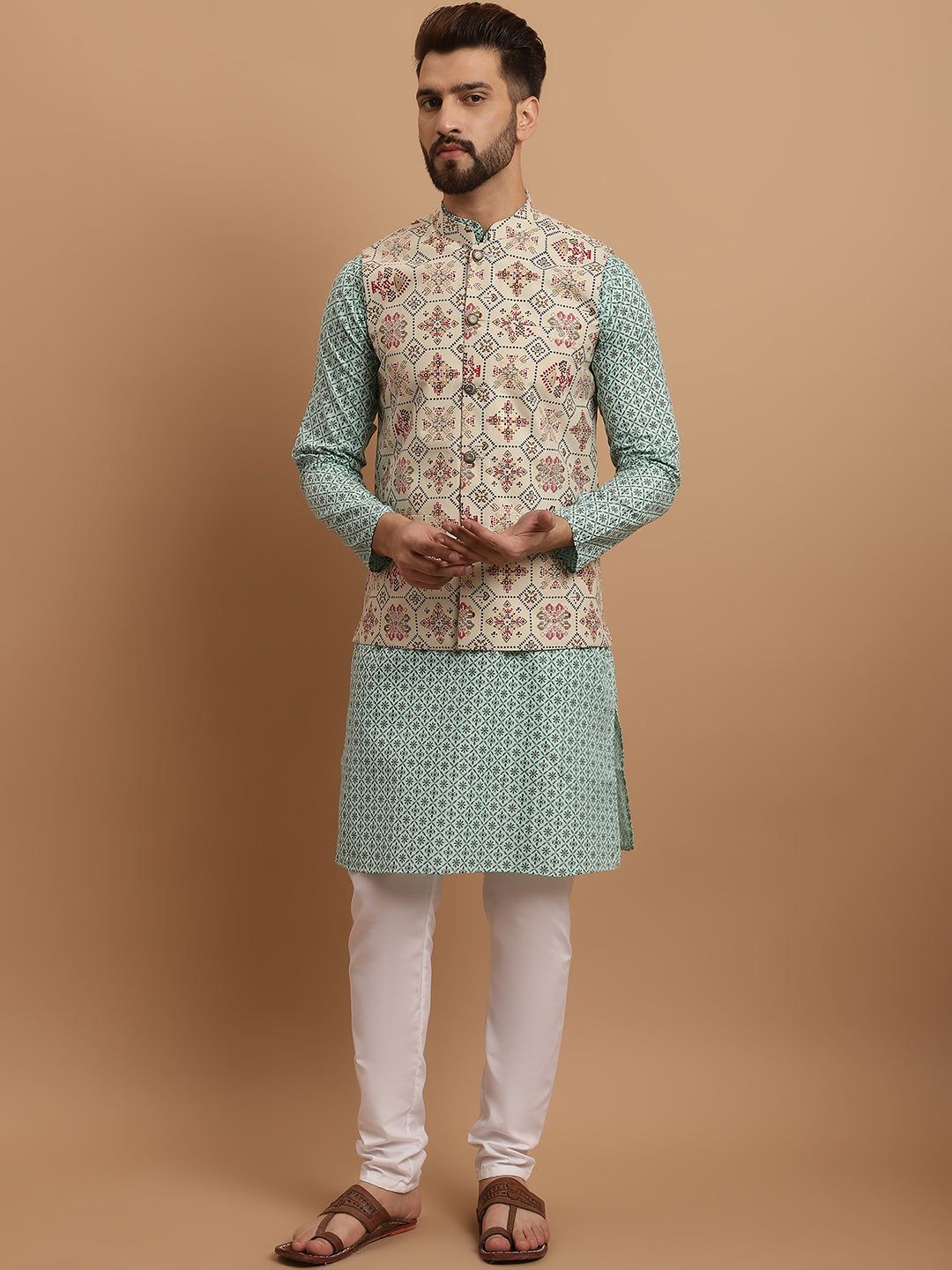 Men's Cotton Linen Sea Green Kurta and White Pyjama With Cream Nehru Jacket Set-38
