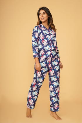 Kitty Selfie Full Sleeve Pyjama Set-S / Blue / Rayon Blend