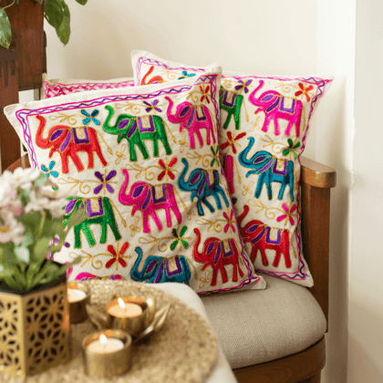 Elephant Aari Embroidery Cushion Cover (Set of 2)-4 pieces