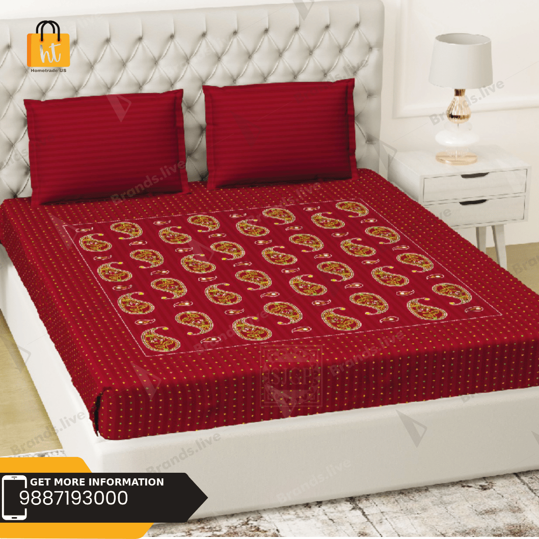 3001-Hometrade India-Standard King Size (90*108 Inches)-Pure Cotton Jaipuri Double Bedsheet With Matching Pillow Cover