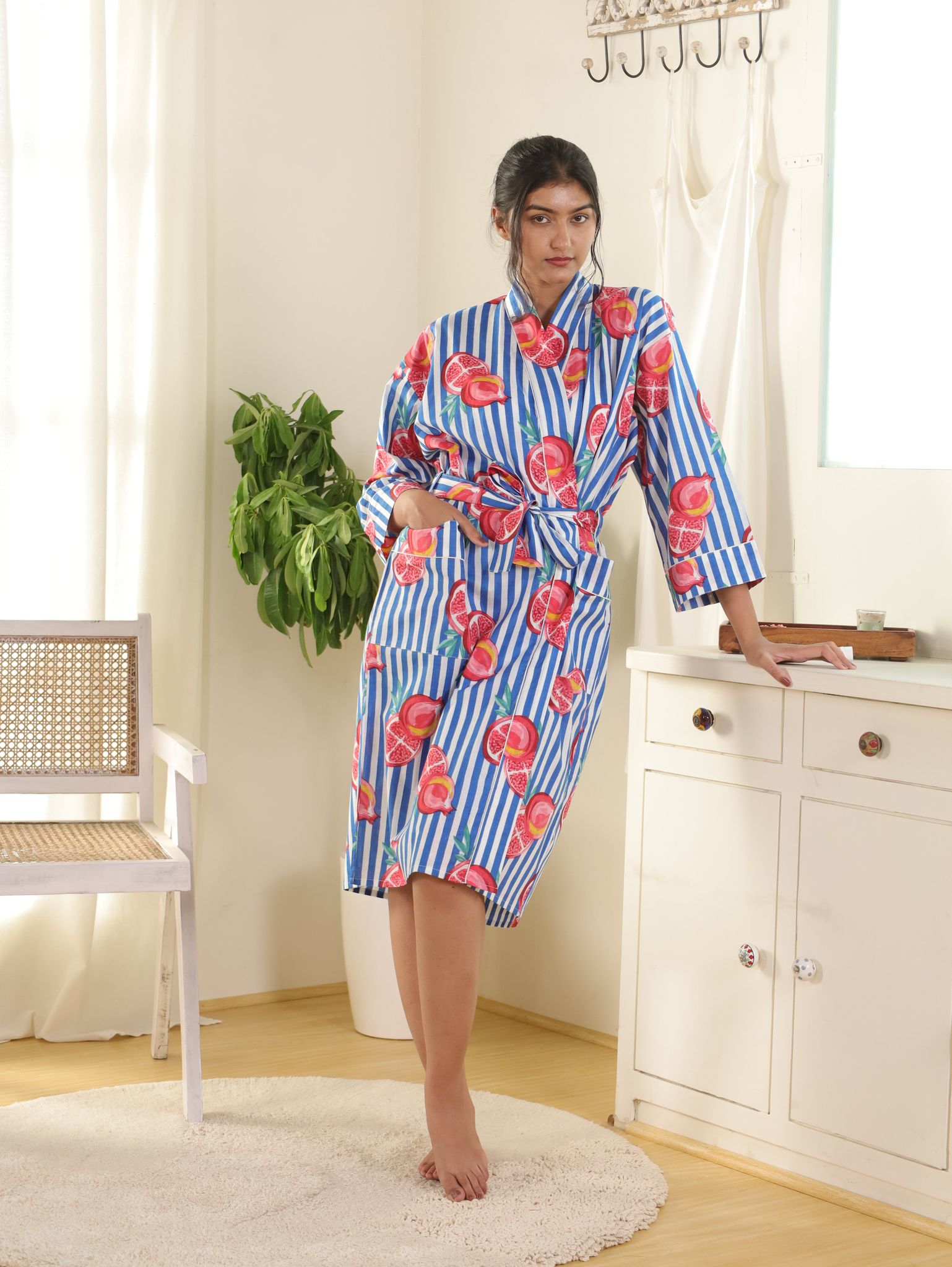 Cotton Kimono Handblock Printed Unisex Bathrobe - Free Size