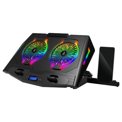 AG Gamerz Thunder Laptop Cooling Pad  2 Silent RGB Turbo Fans, 7 RGB Modes, Detachable Mobile Holder, 17 inch Notebook Support, 5 Level Height Adjustment, LCD Display, Dual USB Hub, Antislip Baffle