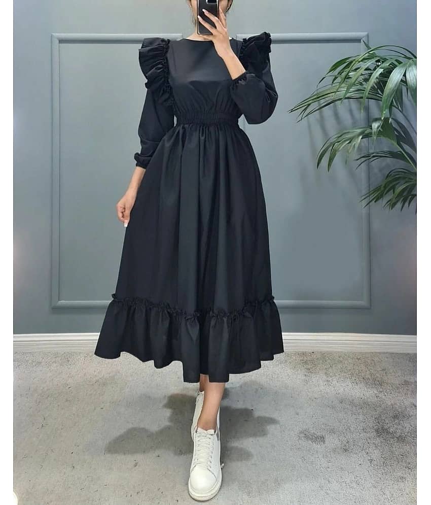 Femvy Women Rayon Solid Fit & Flare Dress ( Black )