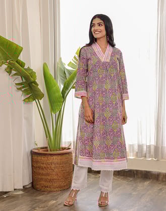 Tripti V-neck Kurta Set Of 2 pc Pink-S