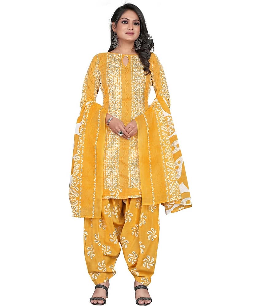 Rajnandini Unstitched Cotton Blend Printed Dress Material - Yellow ( Pack of 1 )