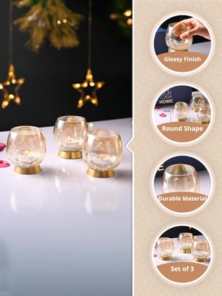 VON CASA Transparent Round Shape T-Light Holder - Set of 3