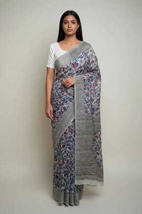ha Block Print Cotton Saree Gray Floral JaalOdis