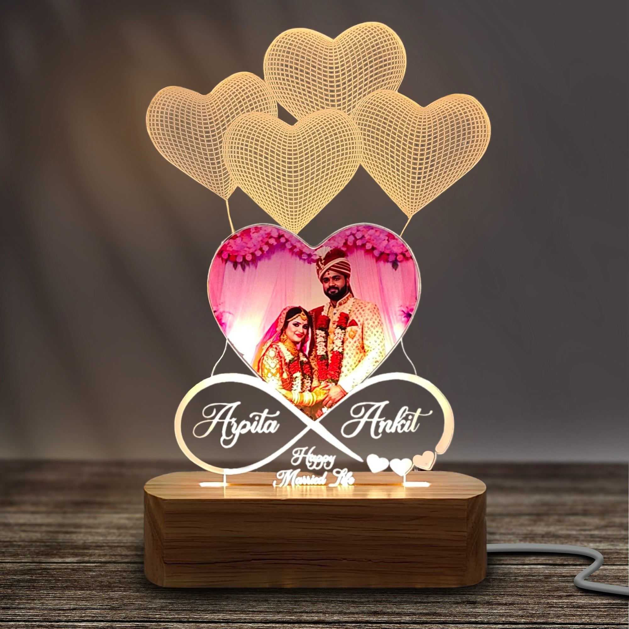 3D Customized LED Heart Infinity Photo Lamp | HD Digital Photo Frame with Customized Name & Date | Wedding Anniversary Gift for Couple, Wife, Husband. Warm White-Warm White