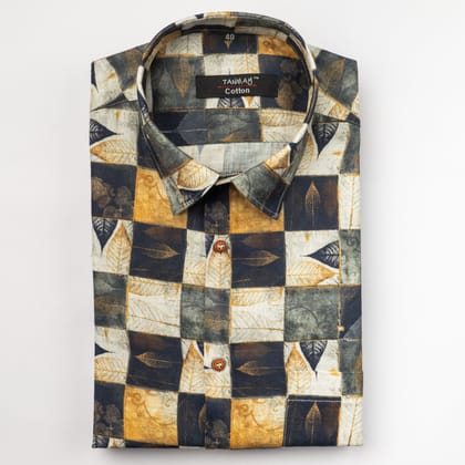 Golden Black Color Leaf Moroccan Printed Shirt For Men's-M (38 Inch) (98 CM)