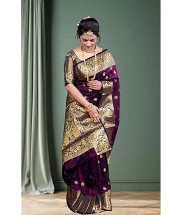 NENCY FASHIONS Silk Woven Design Banarasi saree With Unstitched Blouse Piece ( Maroon )