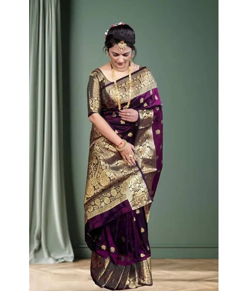 NENCY FASHIONS Silk Woven Design Banarasi saree With Unstitched Blouse Piece ( Maroon )