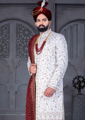 White and Maroon Designer Sherwani for Groom-S