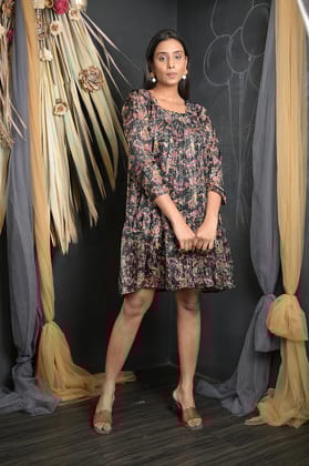 OWO THE LABEL Floral Print Knee Length Party Look Floral Print Dress (OTL-DRS1054)-Multi / S