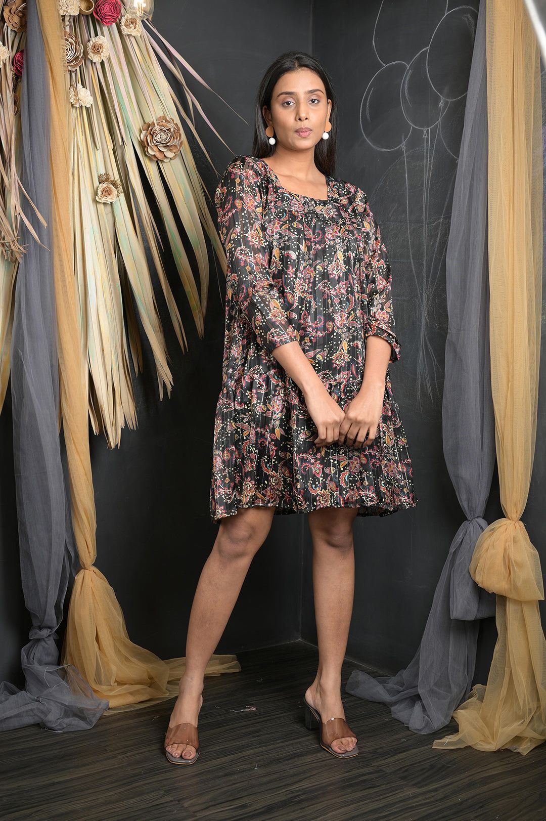 OWO THE LABEL Floral Print Knee Length Party Look Floral Print Dress (OTL-DRS1054)-Multi / S