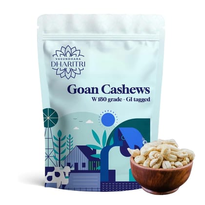 VASUNDHARA DHARITRI Goan Cashews W180 Grade GI Tagged 250gms, Organic Goan Kaju Rich in Protein & Vitamins, Whole Unbroken Cashews for Snacking, Cooking, Festive & Diet Fasting, Gluten Free N